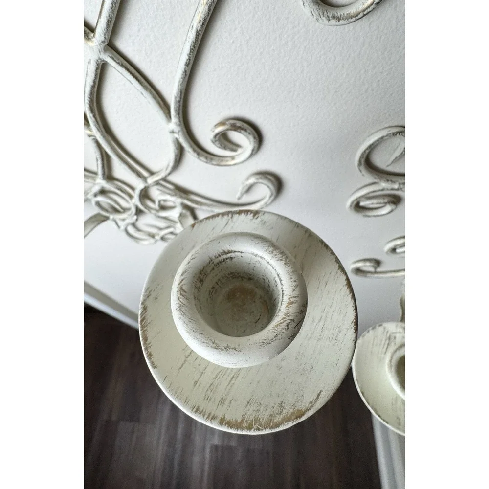 Vintage French Country Distressed Metal Wall Sconce Candle Holder Pair Cream 16